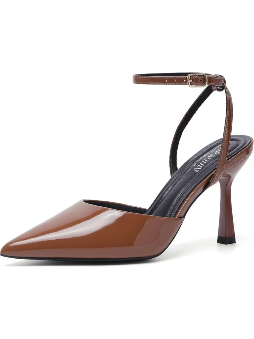 Women's Brown Patent Elegant Closed Pointed Toe Strappy Stiletto Pumps Shoes
